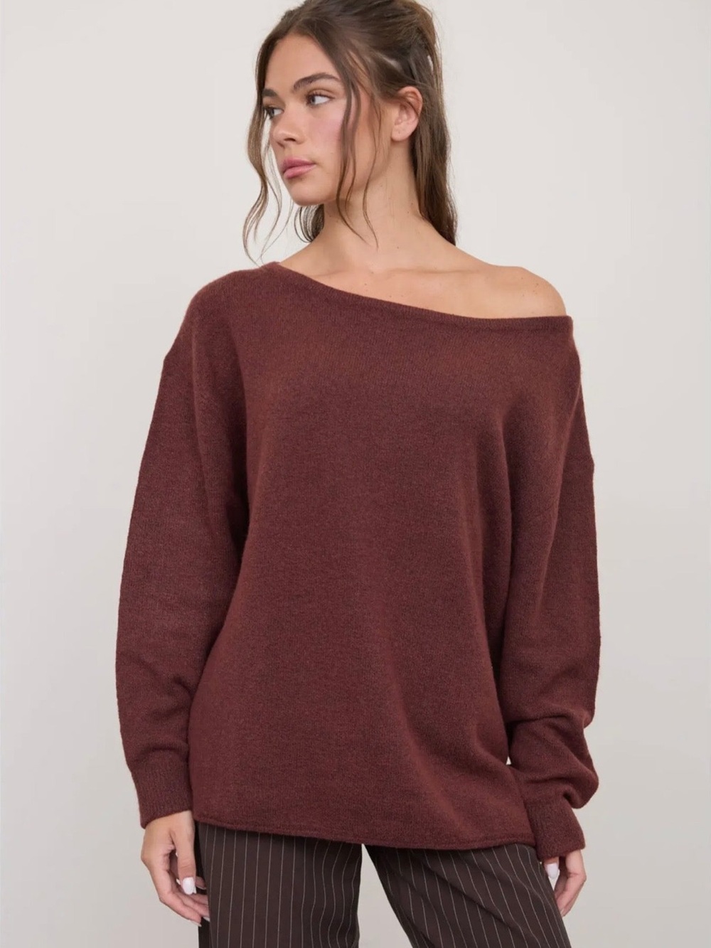 013. Effortless Oversized Boat Neck Sweater, Burgundy, various sizes